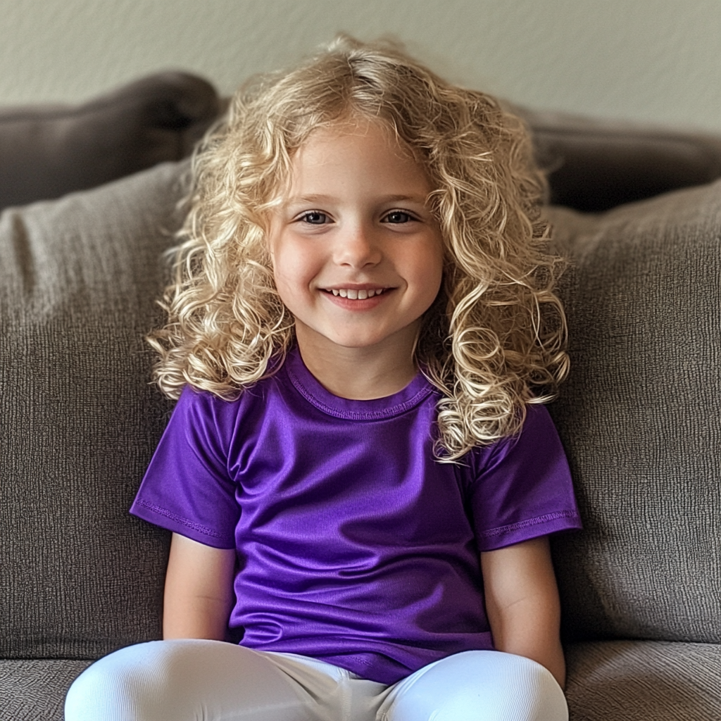 Una niña sonriente sentada en un sofá | Fuente: Midjourney