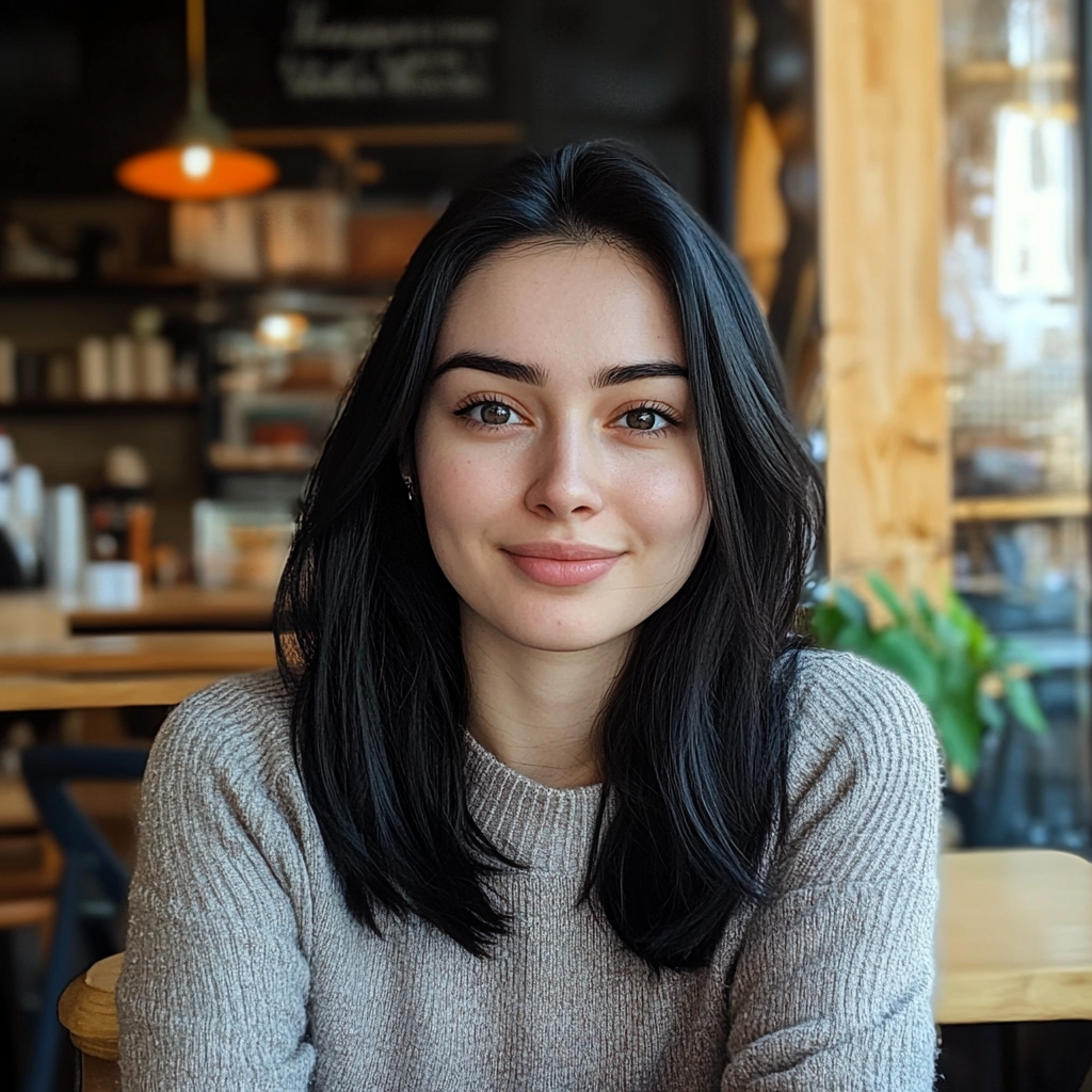 Una mujer en una cafetería sonriendo tristemente | Fuente: Midjourney