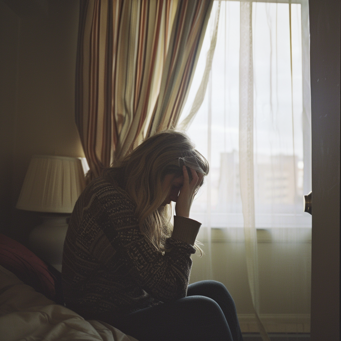 Una mujer deprimida sentada en una habitación de hotel | Fuente: Midjourney