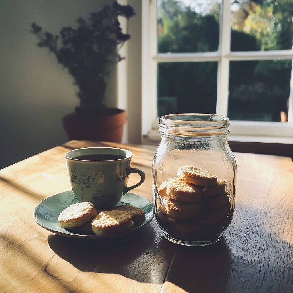 Un tarro de galletas y una taza de té | Fuente: Midjourney