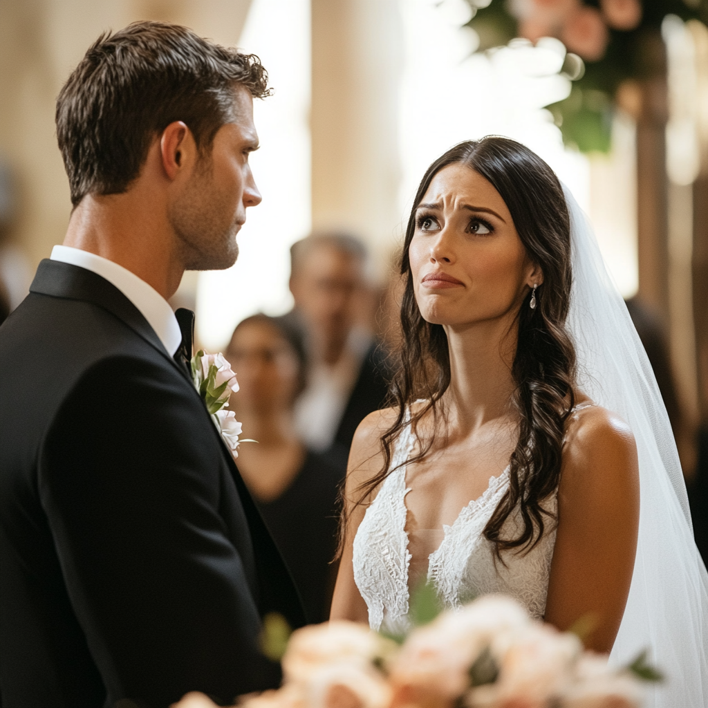 Una novia con expresión dubitativa frente a su novio en el altar | Fuente:  Midjourney