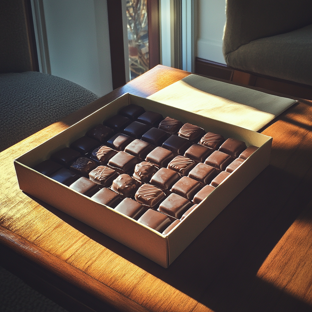 Una caja de chocolate sobre una mesa de café | Fuente: Midjourney