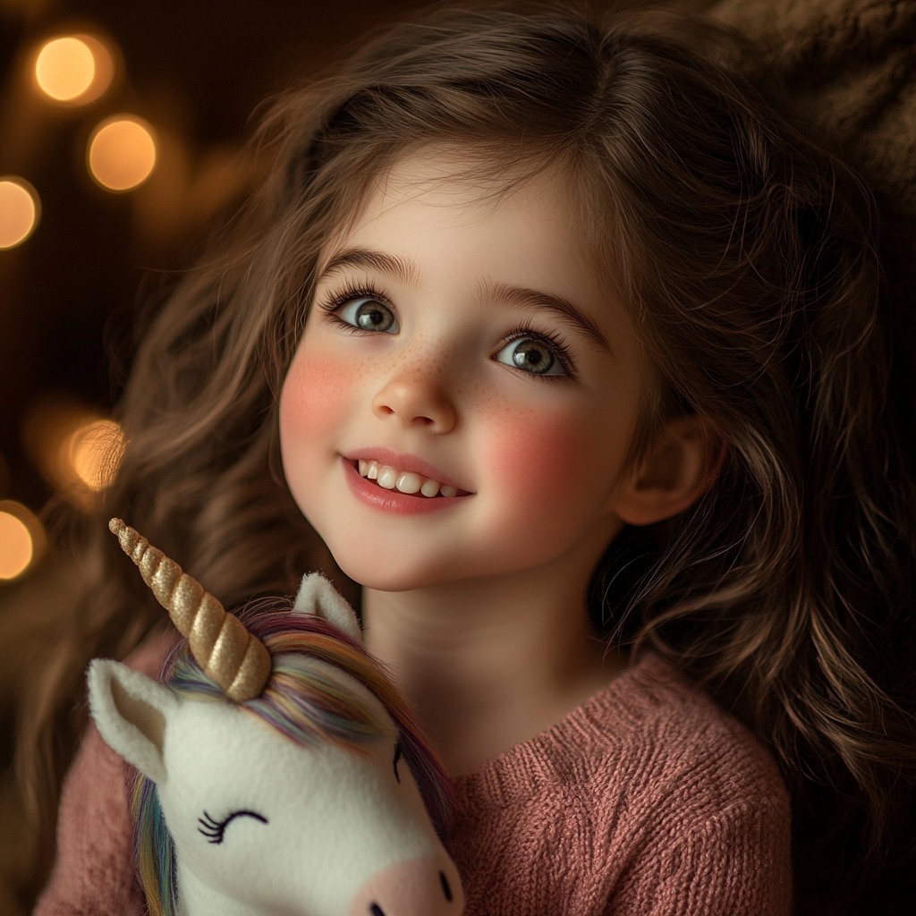 Una alegre niña sosteniendo un unicornio de peluche | Fuente: Midjourney