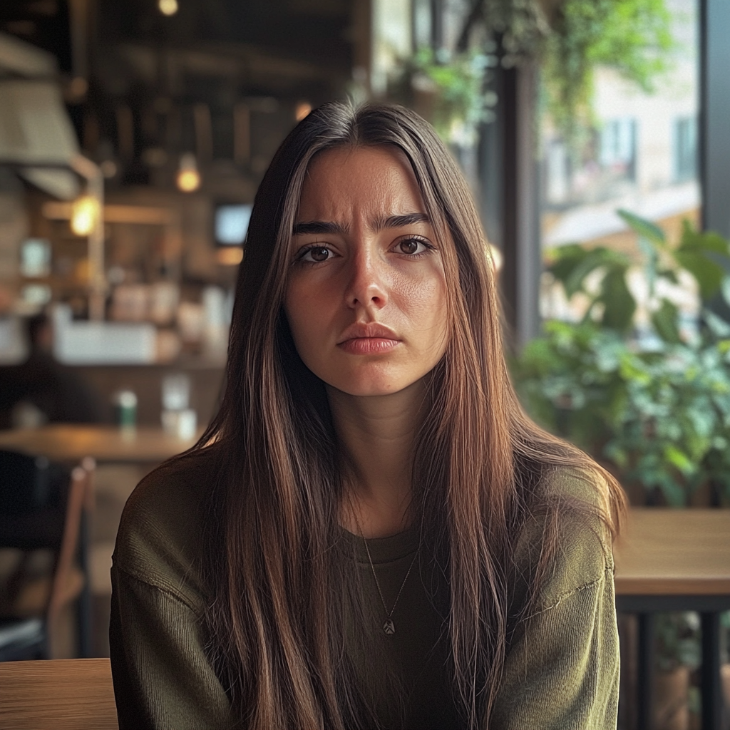 Una mujer alterada en una cafetería | Fuente: Midjourney