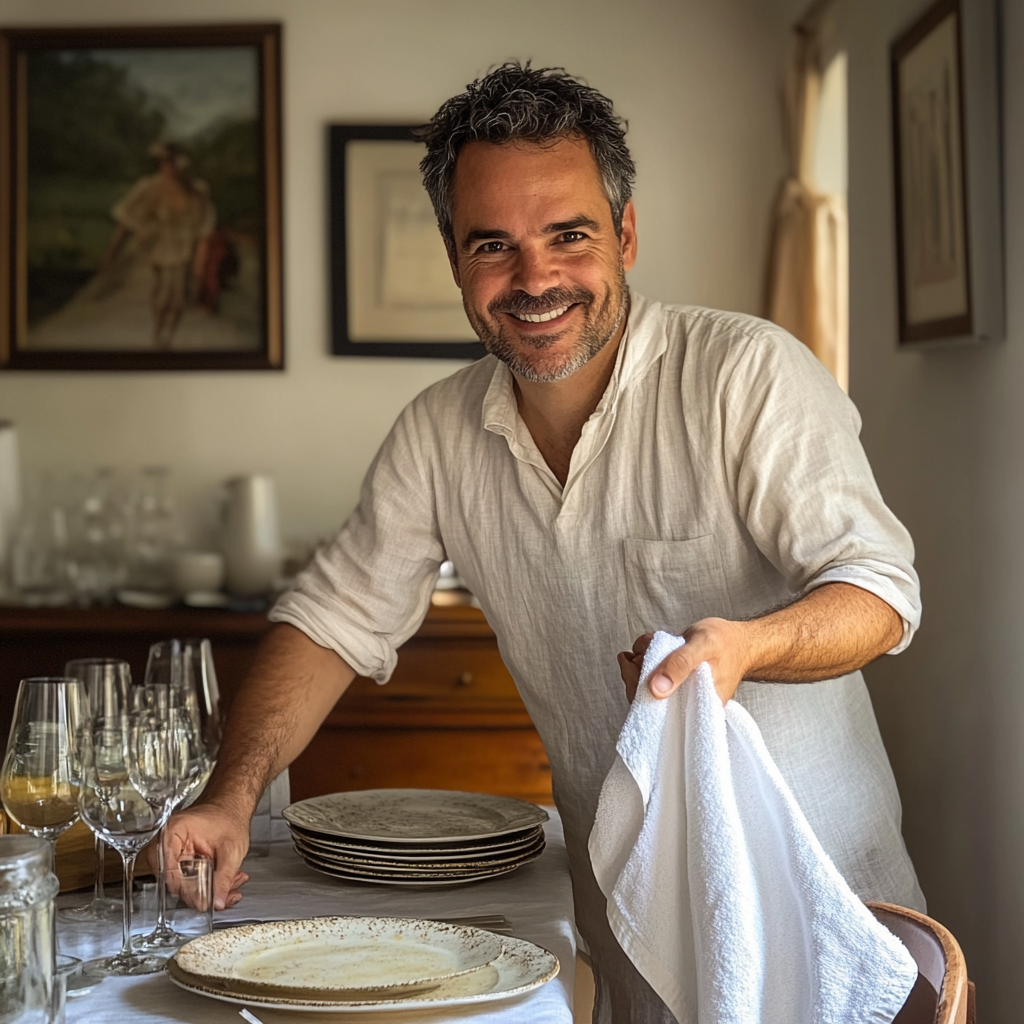 Un hombre sonriente de 40 años con las mangas remangadas y una toalla al hombro poniendo la mesa del comedor | Fuente: Midjourney