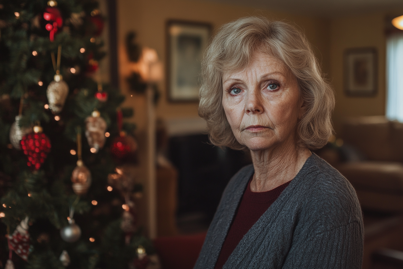 Una mujer madura cerca de un árbol de Navidad | Fuente: Midjourney