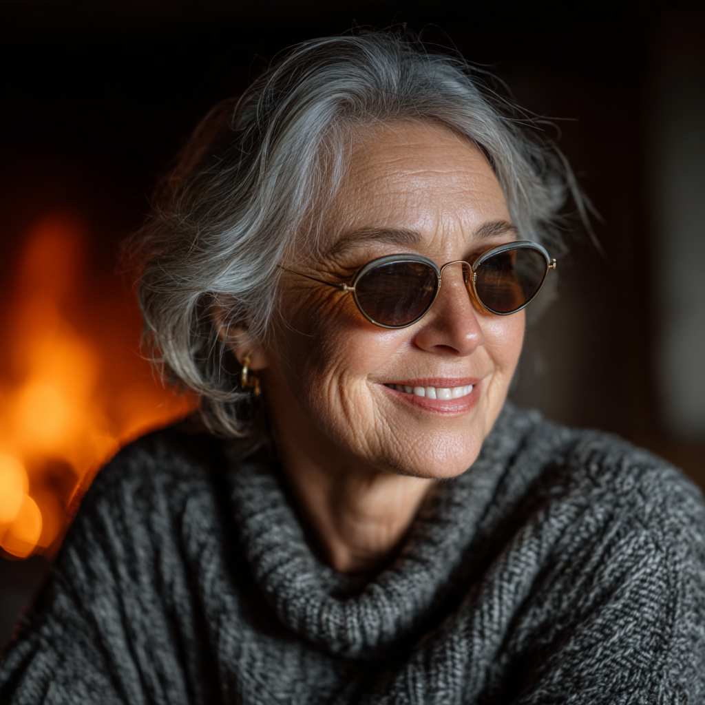 Una donna felice seduta davanti al caminetto | Fonte: Midjourney