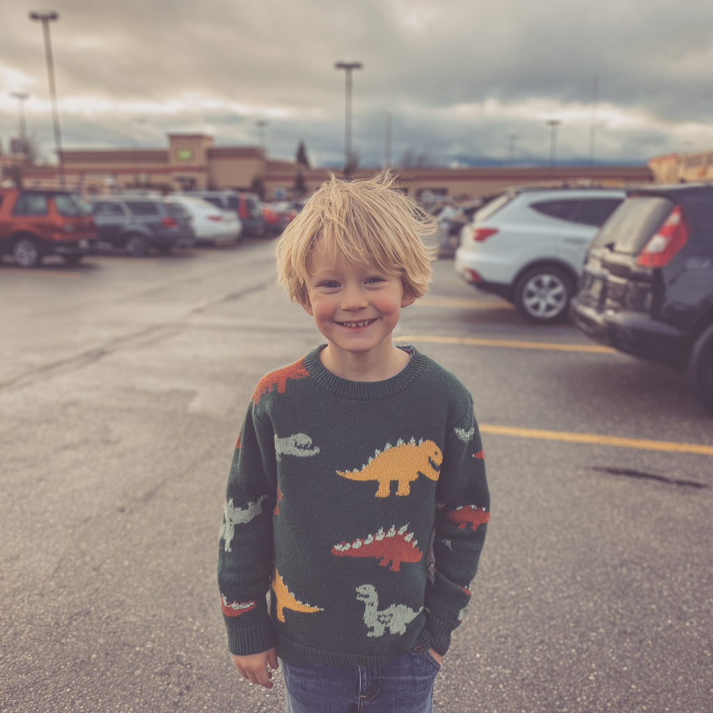 Un niño sonriente de pie en un aparcamiento | Fuente: Midjourney