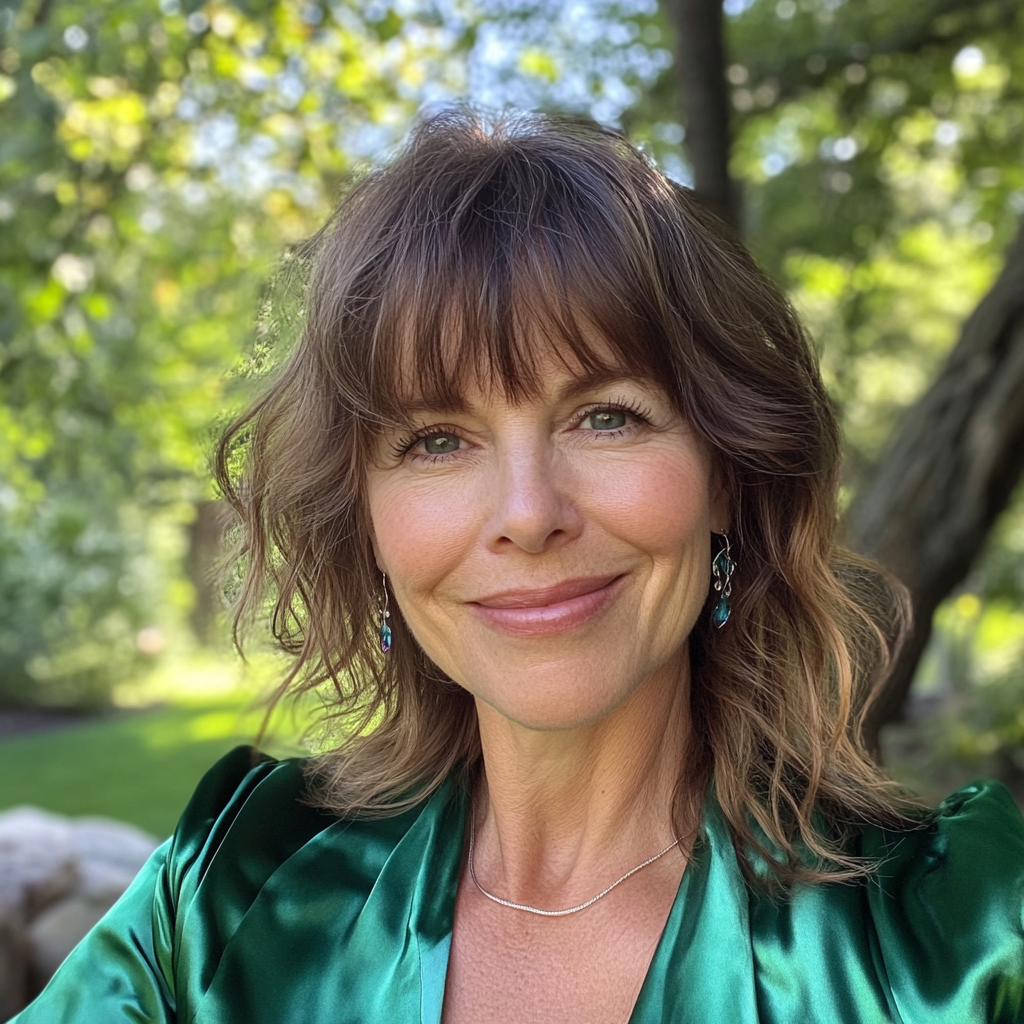 Una mujer sonriente en el exterior | Fuente: Midjourney