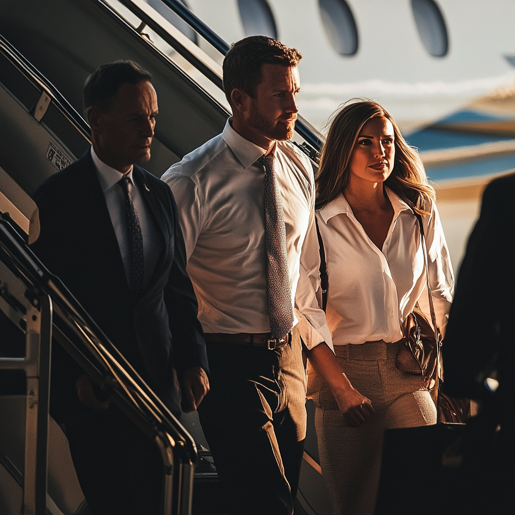 Los padres del niño son escoltados por seguridad fuera del avión. | Fuente: Midjourney