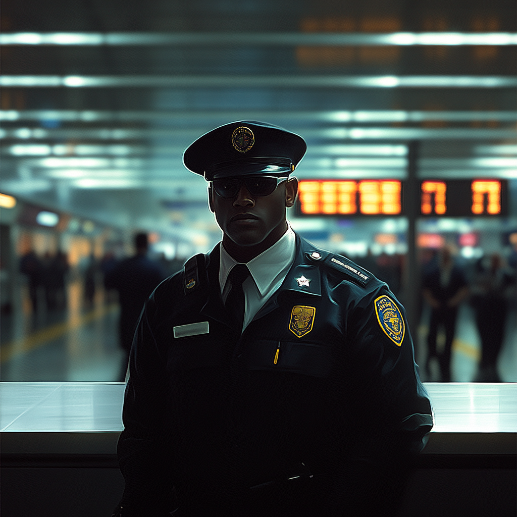 Un severo agente de seguridad del aeropuerto | Fuente: Midjourney