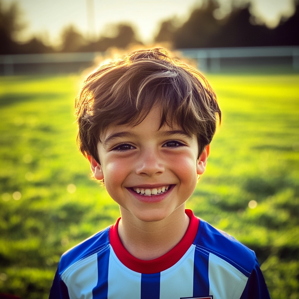 Un niño sonriente con una camiseta de fútbol | Fuente: Midjourney