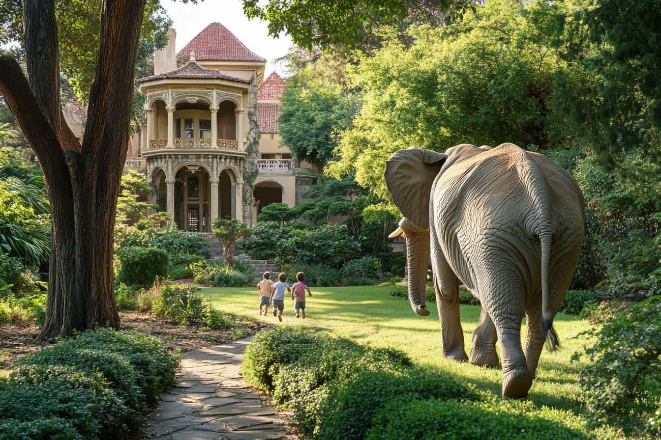 Niños huyendo de su elefante mascota | Fuente: Midjourney