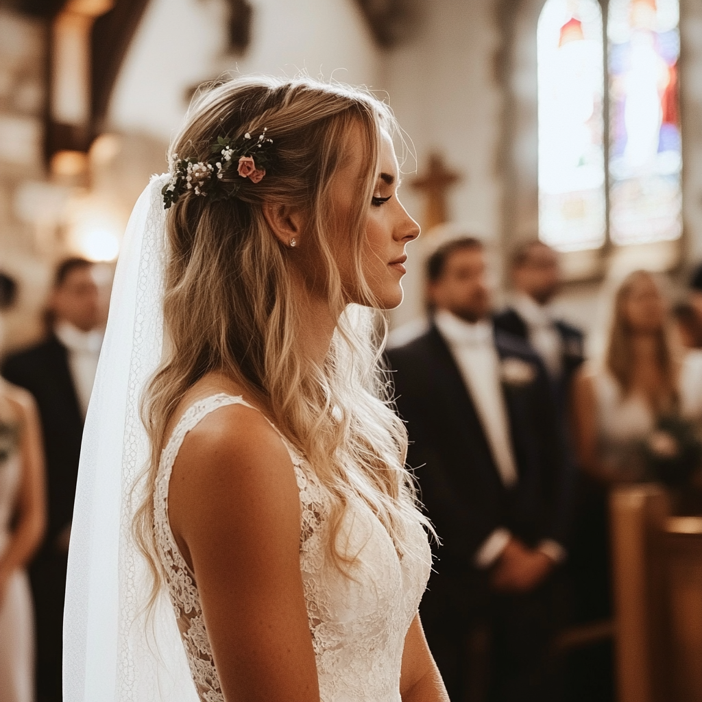 Perfil lateral de una novia en una iglesia | Fuente: Midjourney
