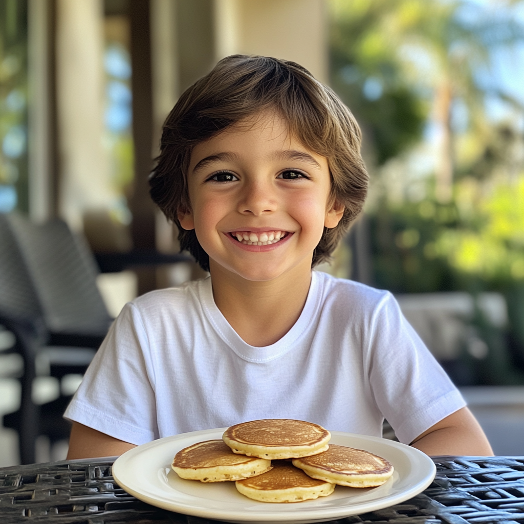 Un niño sentado en una mesa con panqueques | Fuente: Midjourney