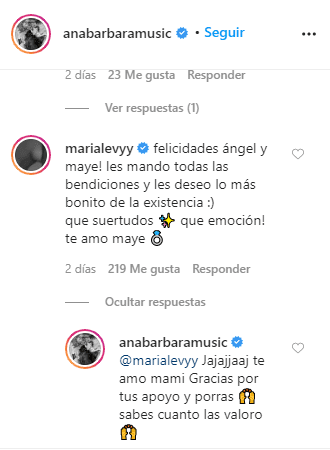 Mensaje de María Levy para Ana Bárbara. | Foto: Instagram/anabarbaramusic