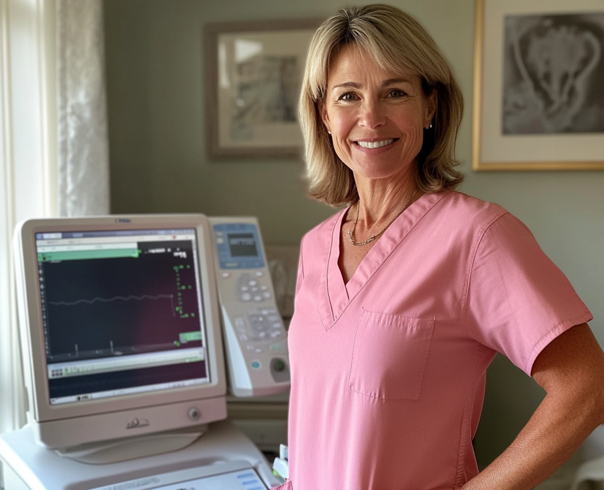 Una doctora de pie en su consulta | Fuente: Midjourney