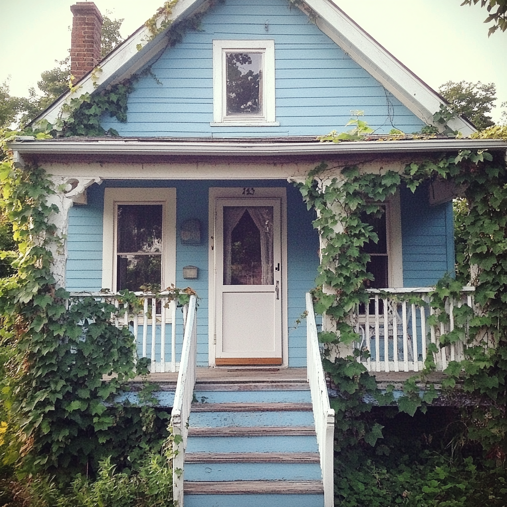 Una casita azul con hiedra creciendo por las paredes | Fuente: Midjourney
