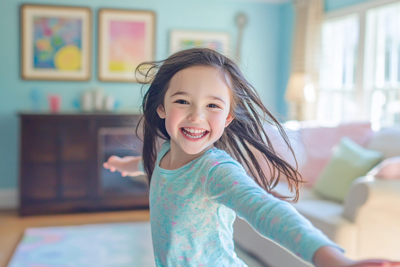 Una chica feliz en un salón | Fuente: Midjourney