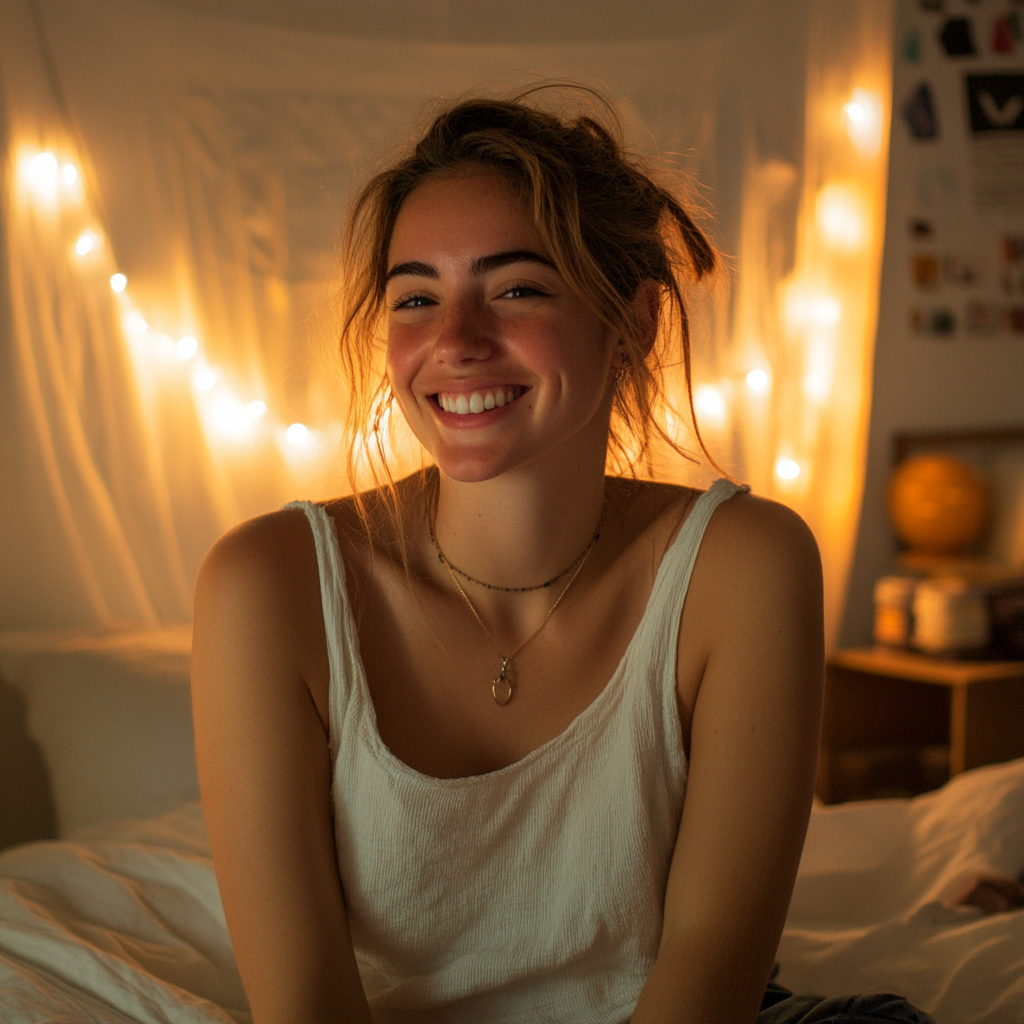 Una mujer sonriente en su dormitorio | Fuente: Midjourney