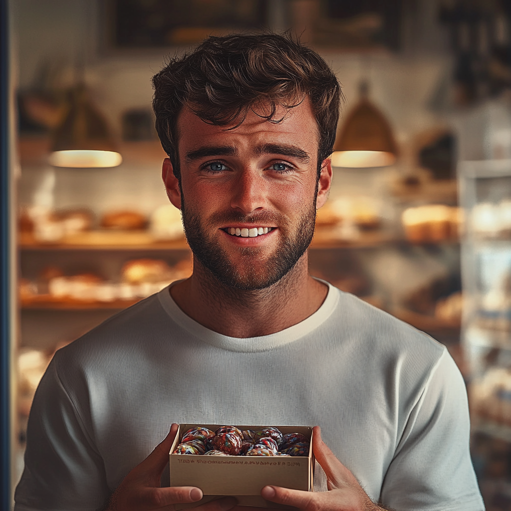 Un hombre sonriente con una caja de caramelos en la mano | Fuente: Midjourney