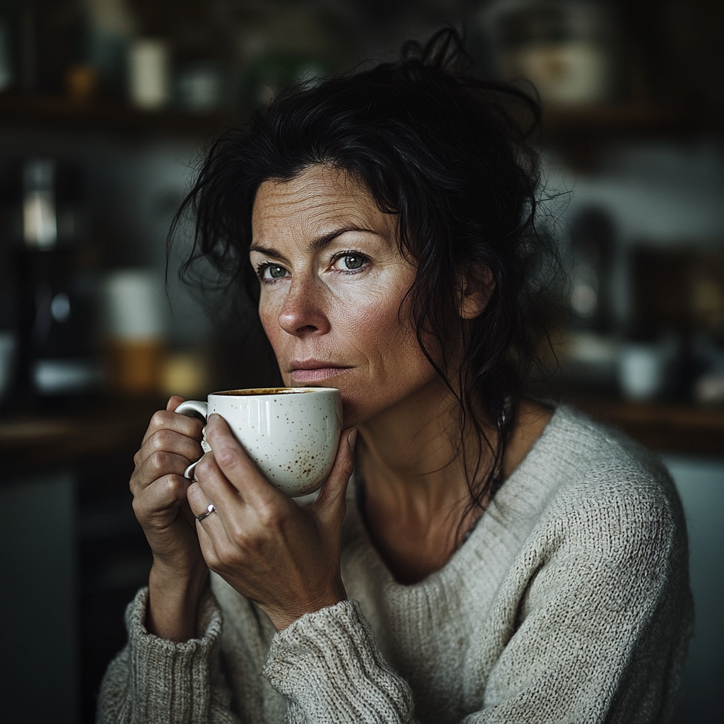 Una mujer seria con una taza de café | Fuente: Midjourney