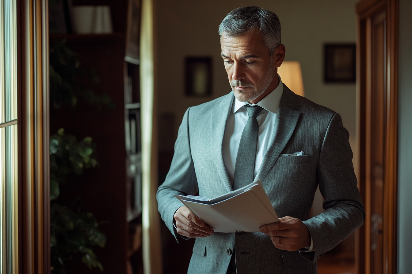 Hombre con traje gris leyendo papeles en las manos en un estudio | Fuente: Midjourney