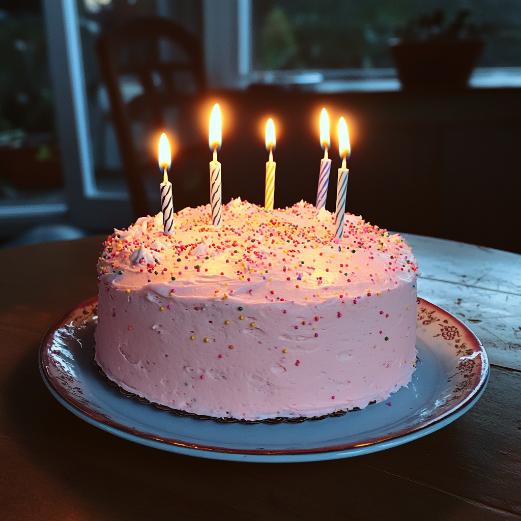 Un pastel de cumpleaños sobre una mesa | Fuente: Midjourney