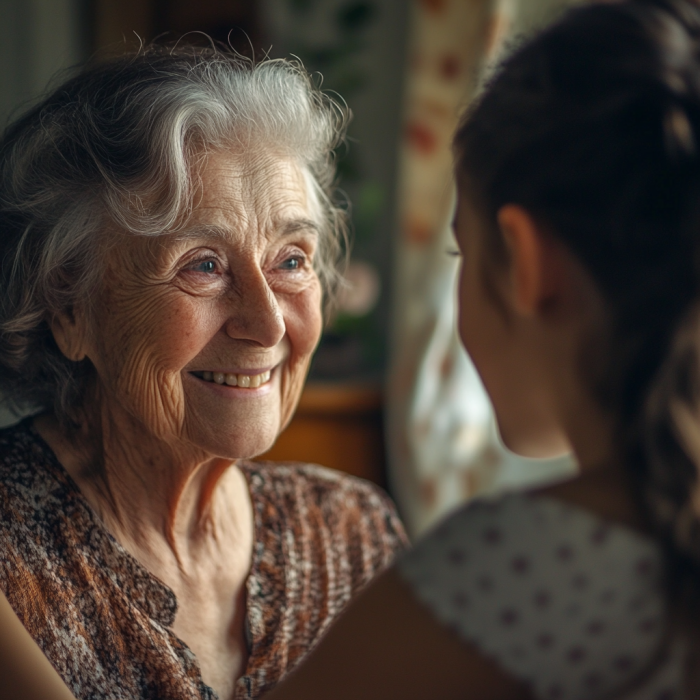 Una anciana sonríe afectuosamente mientras recibe a una adolescente, presumiblemente su nieta, para una estancia de verano en su casa | Fuente: Midjourney