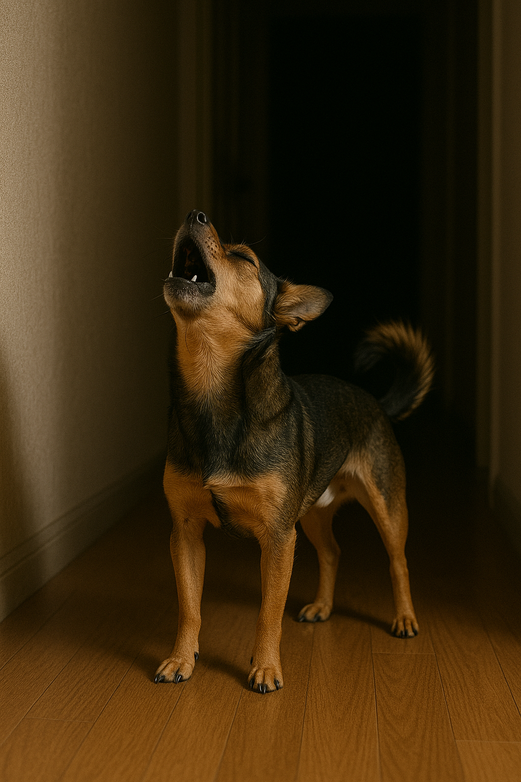 Un perro aúlla en un pasillo por la noche | Fuente: DALL-E