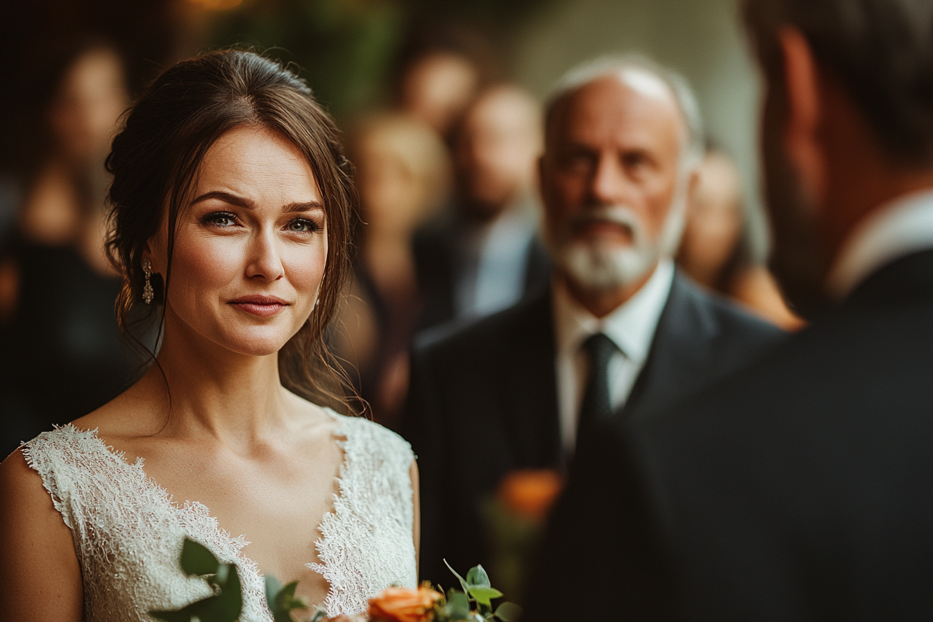 Novia emocionada hablando con su padre en su boda | Fuente: Midjourney