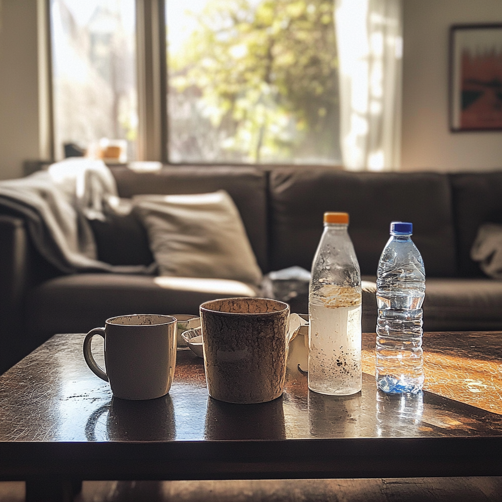 Tazas y botellas sobre una mesa de centro | Fuente: Midjourney