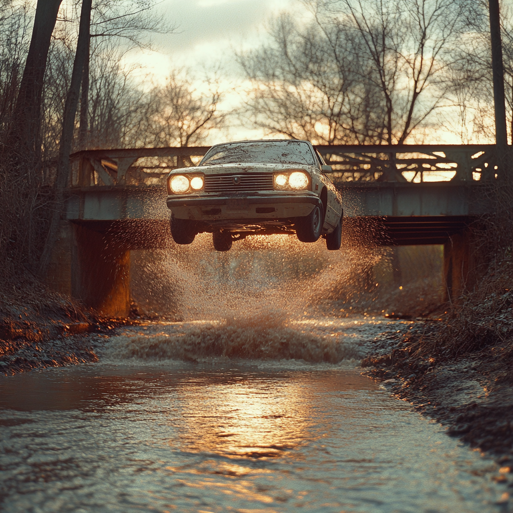 Un automóvil cayendo por un puente a un río | Fuente: Midjourney