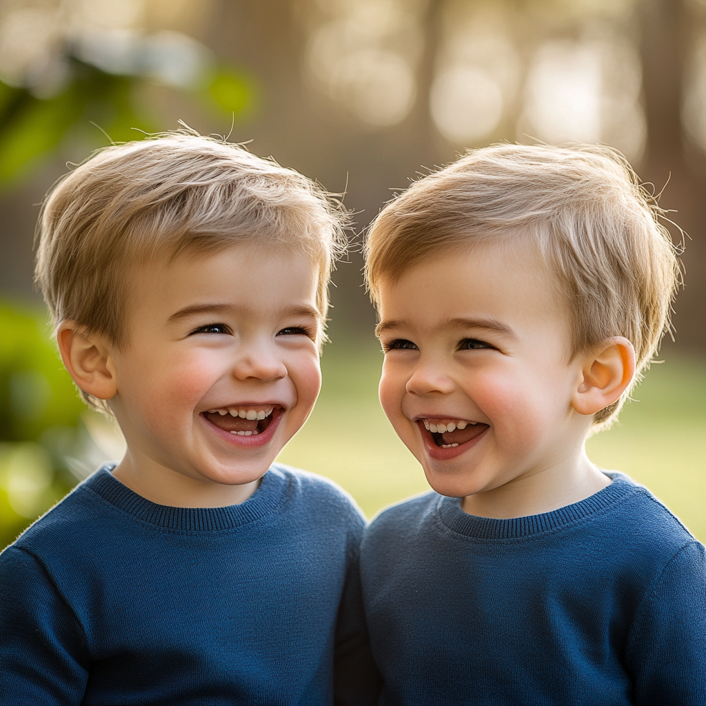 Dos hermanos gemelos divirtiéndose al aire libre | Fuente: Midjourney