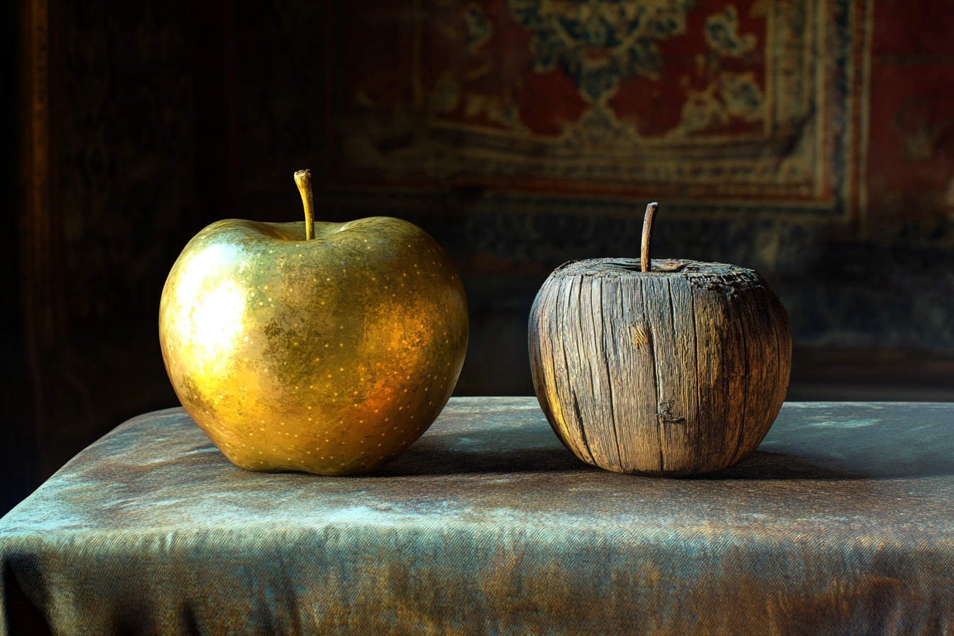 Una manzana dorada y una manzana de madera desgastada | Fuente: Midjourney