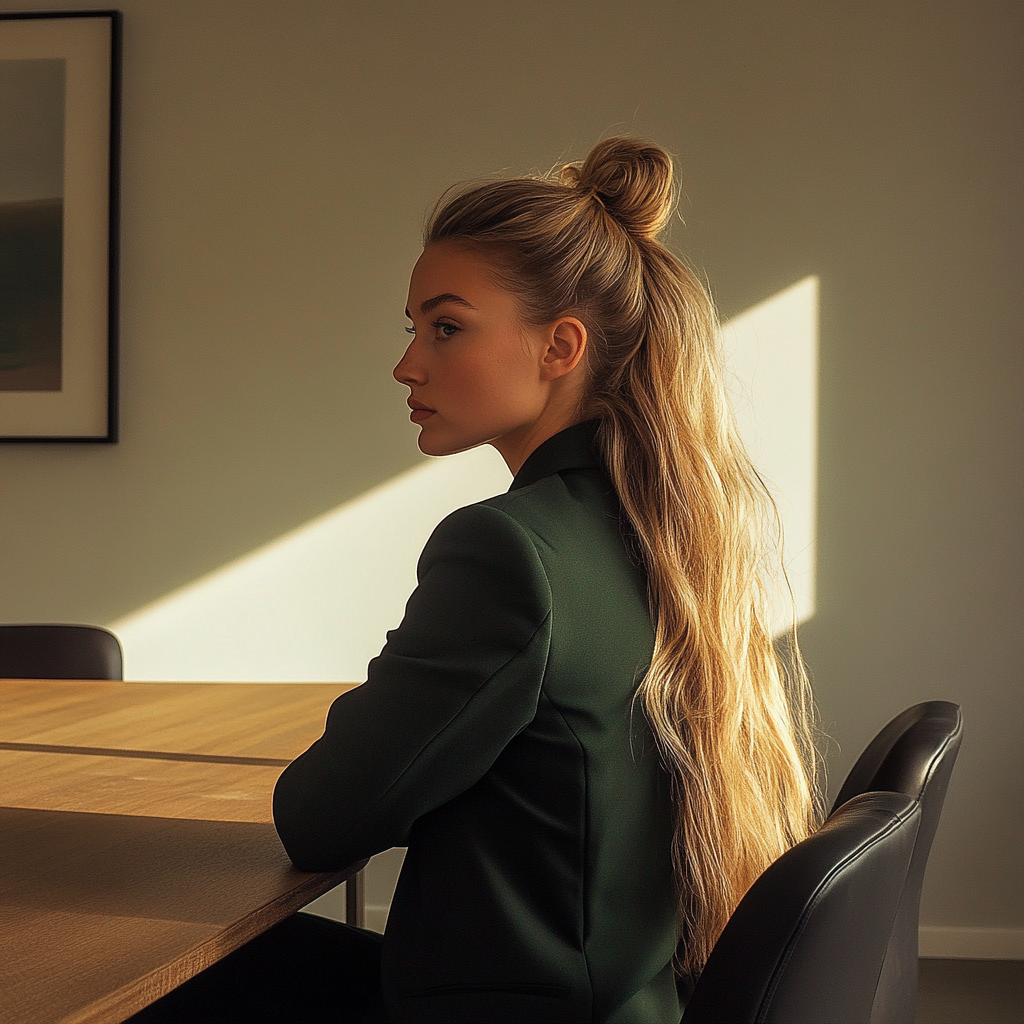 Una mujer sentada a la mesa | Fuente: Midjourney