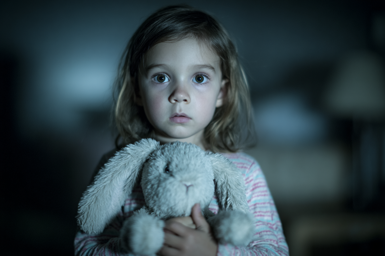 Una niña asustado agarrando un conejo de peluche | Fuente: Midjourney