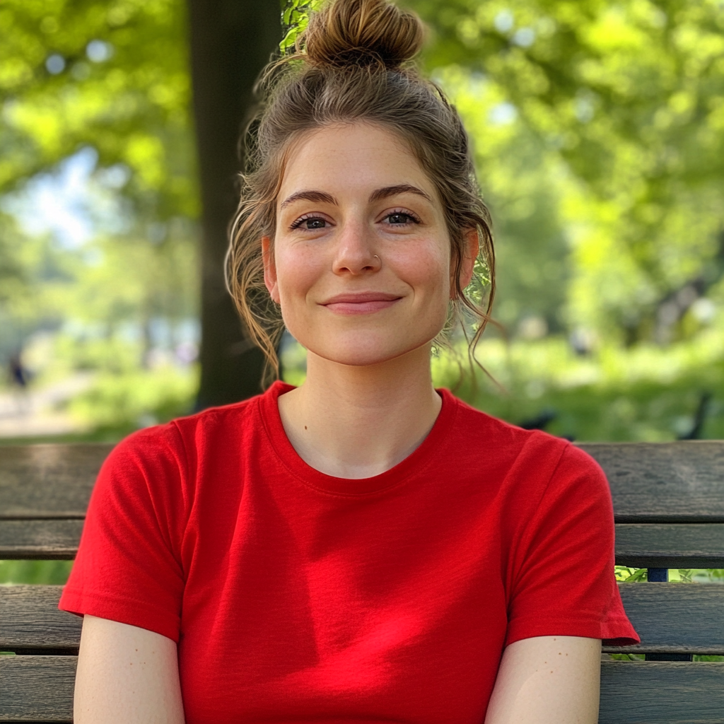 Una mujer sonriente sentada fuera | Fuente: Midjourney