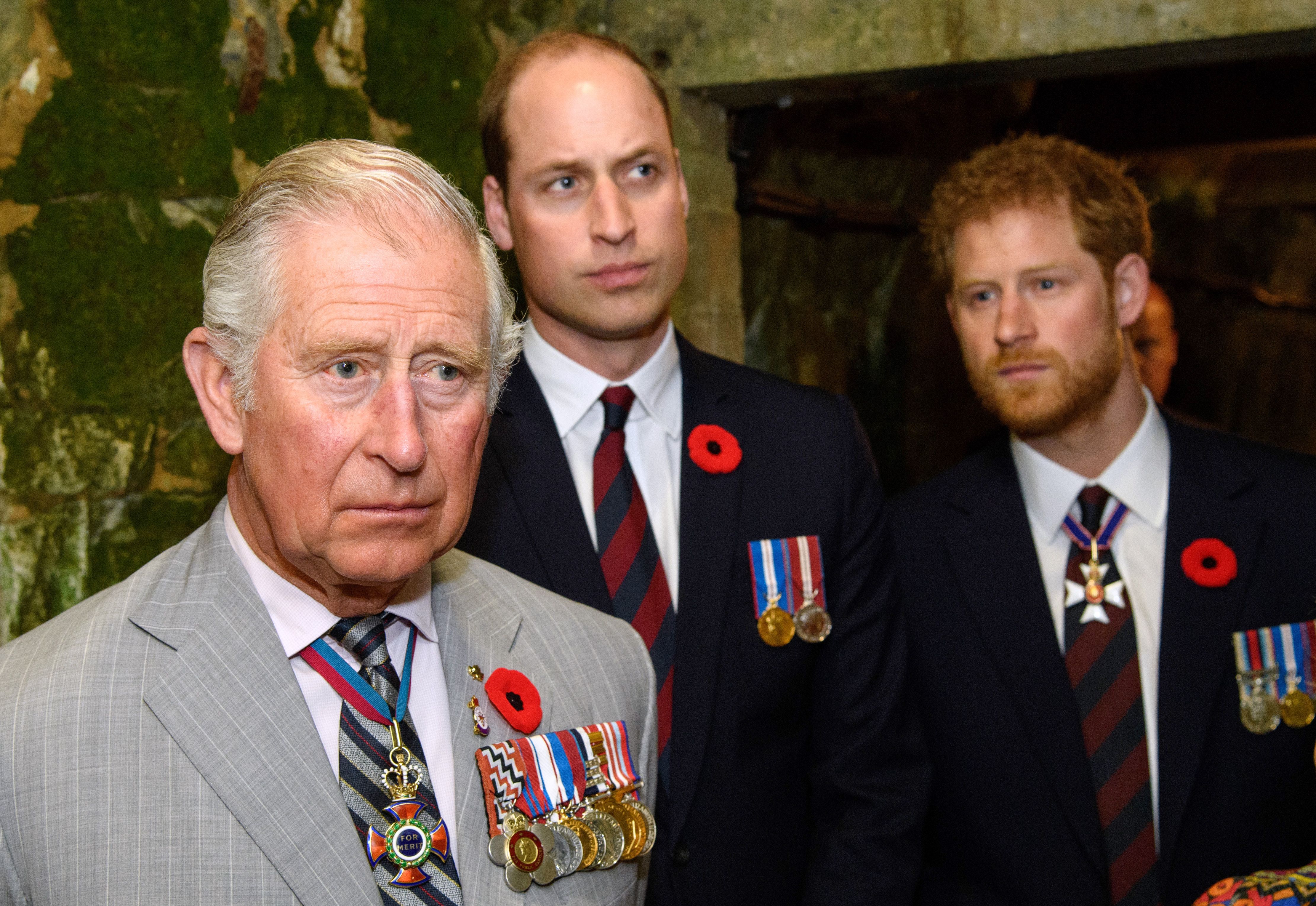 El rey Charles III, el príncipe William y el príncipe Harry visitan el túnel y las trincheras del Parque Memorial de Vimy durante las conmemoraciones del centenario de la Batalla de Vimy Ridge en Vimy, Francia, el 9 de abril de 2017 | Fuente: Getty Images