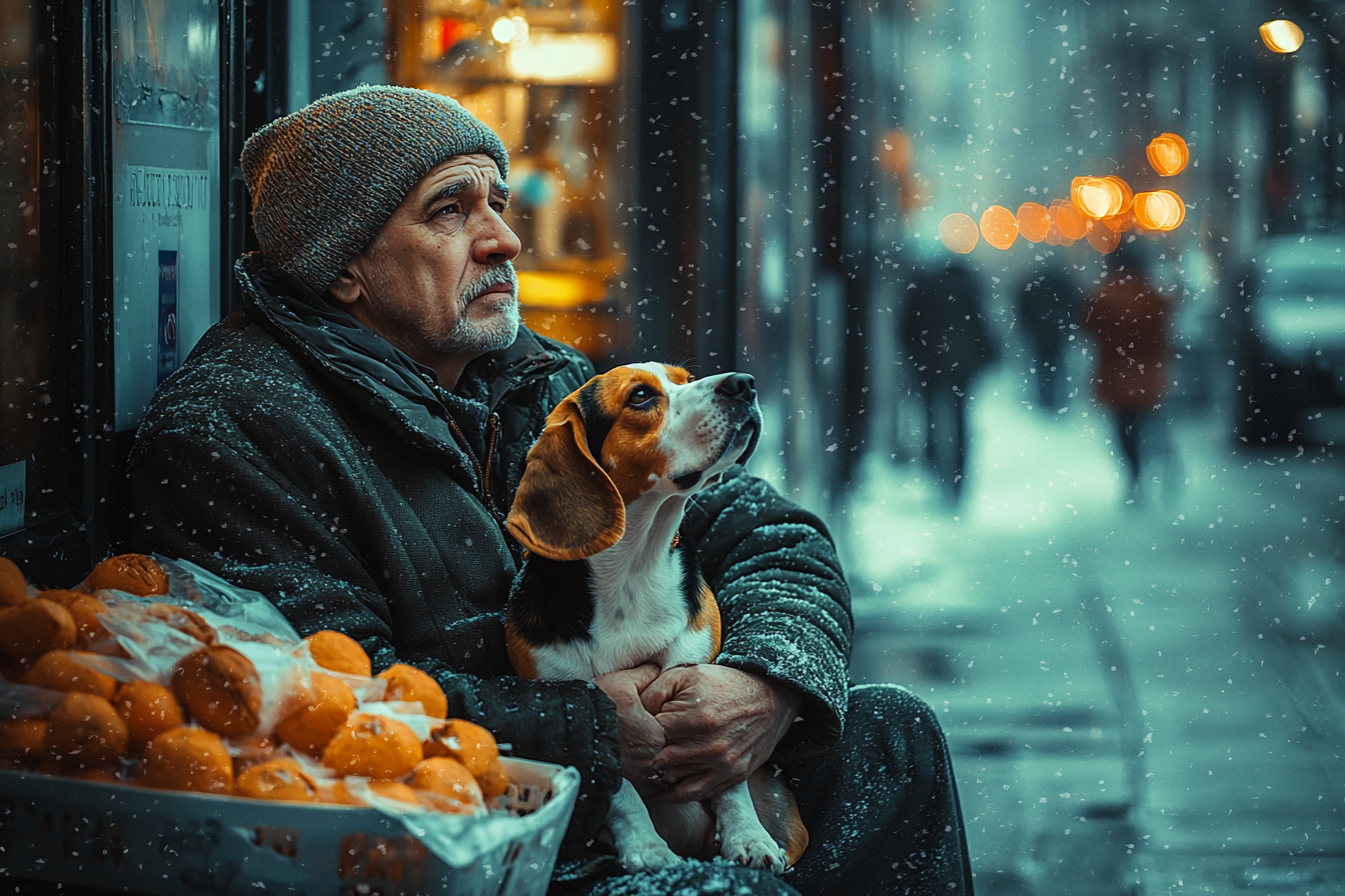 Un vagabundo abraza fuertemente a un perro mientras está sentado frente a un edificio y mira hacia arriba | Fuente: Midjourney