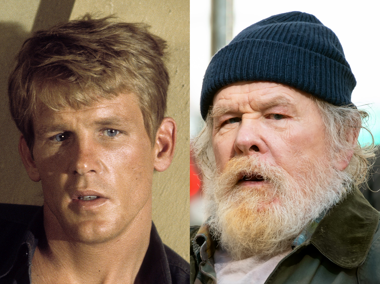 Nick Nolte en sus años mozos y él ahora. | Fuente: Getty Images