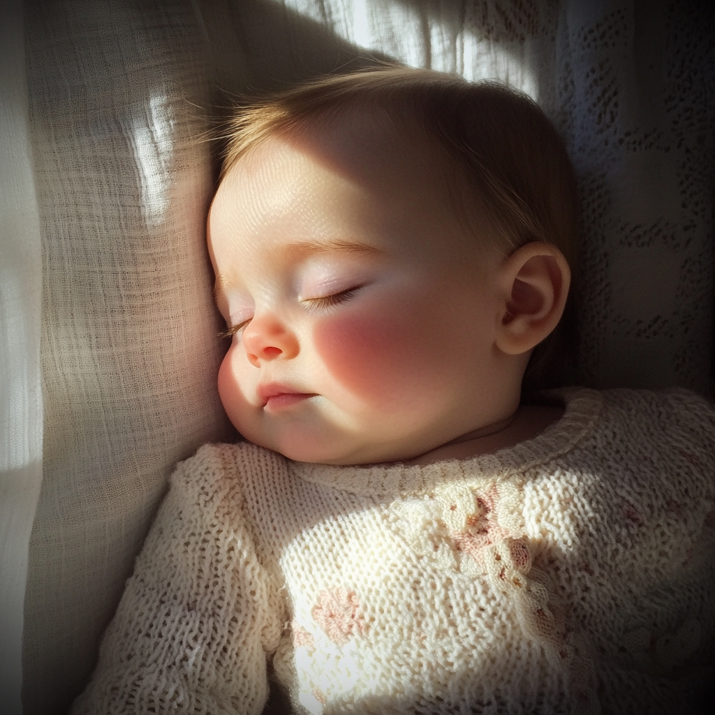 Un bebé durmiendo la siesta con la luz del sol en la cara | Fuente: Midjourney
