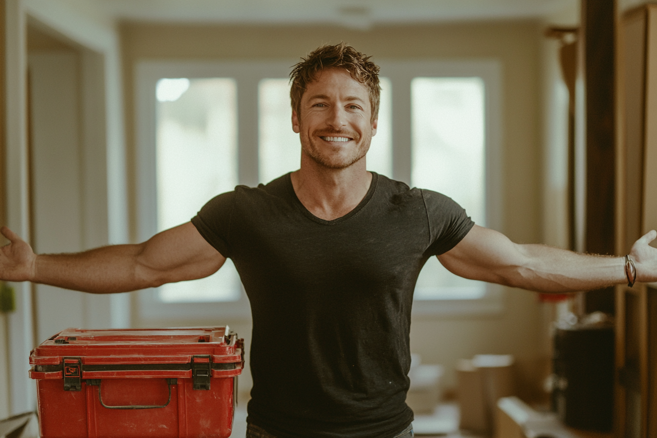 Un hombre con los brazos abiertos, sonriendo, de pie dentro de una casa aún en construcción | Fuente: Midjourney