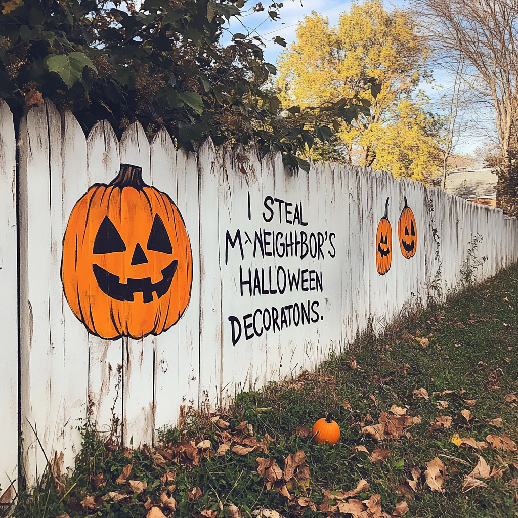 Valla blanca escrita: "Robo la decoración de Halloween de mi vecino" | Fuente: Midjourney