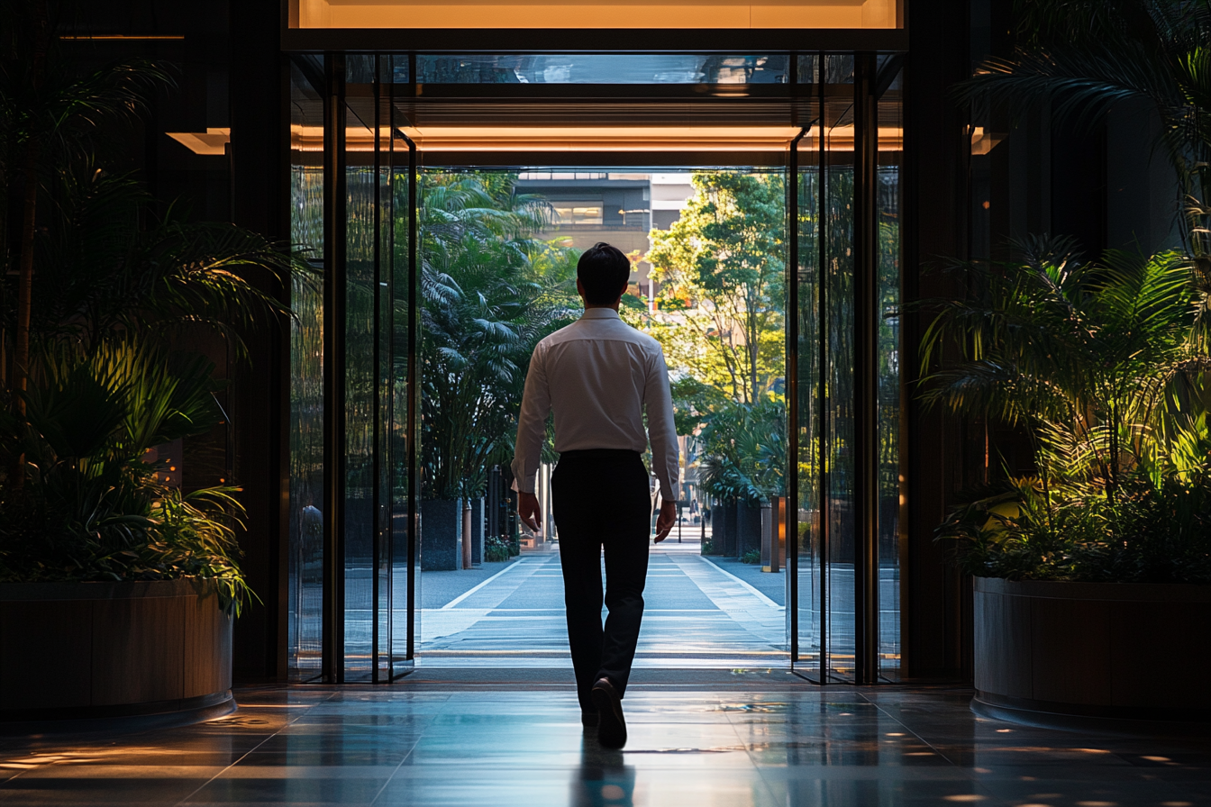 Un hombre saliendo de un hotel | Fuente: Midjourney