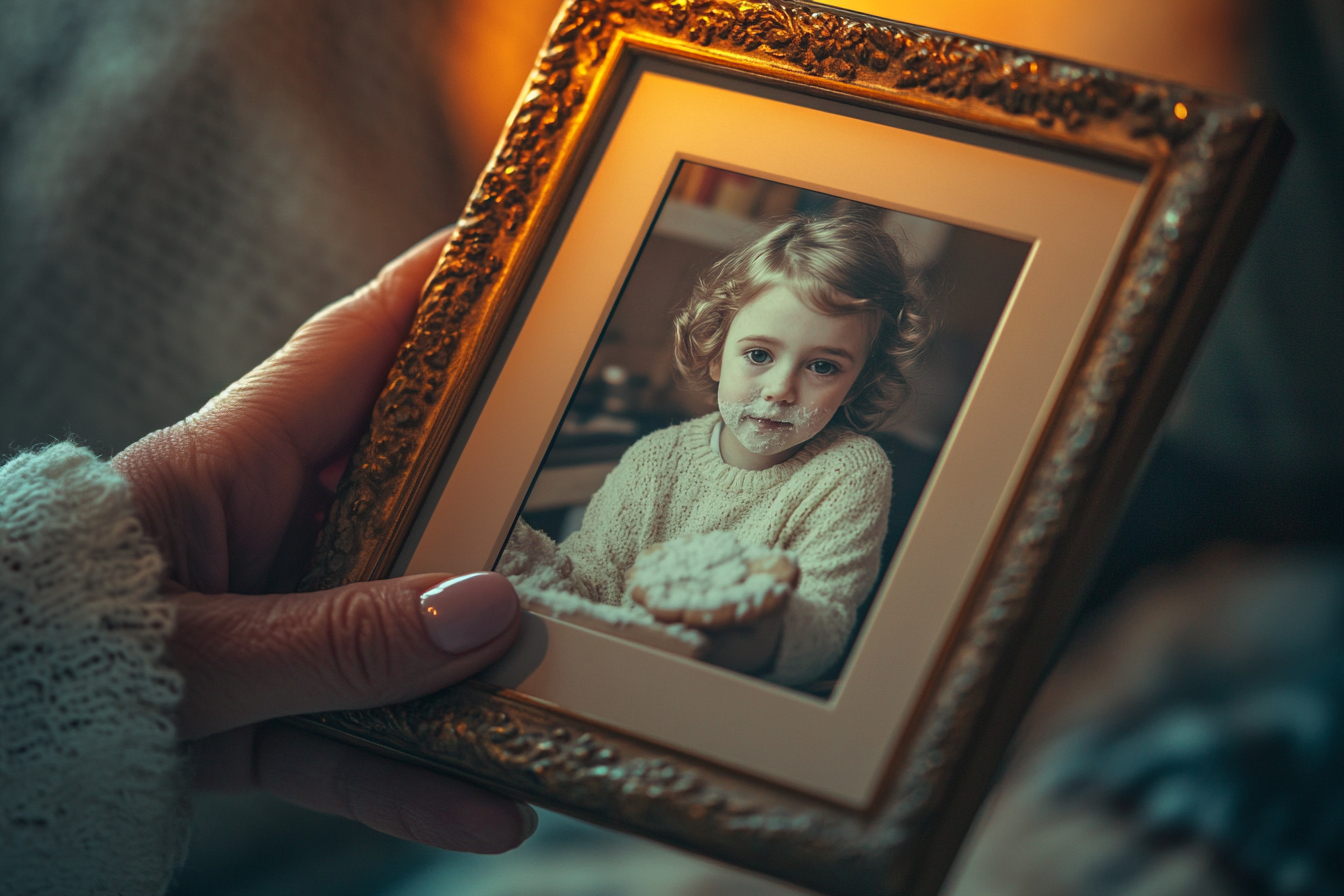 Una mujer sostiene una foto enmarcada de una niña horneando galletas | Fuente: Midjourney