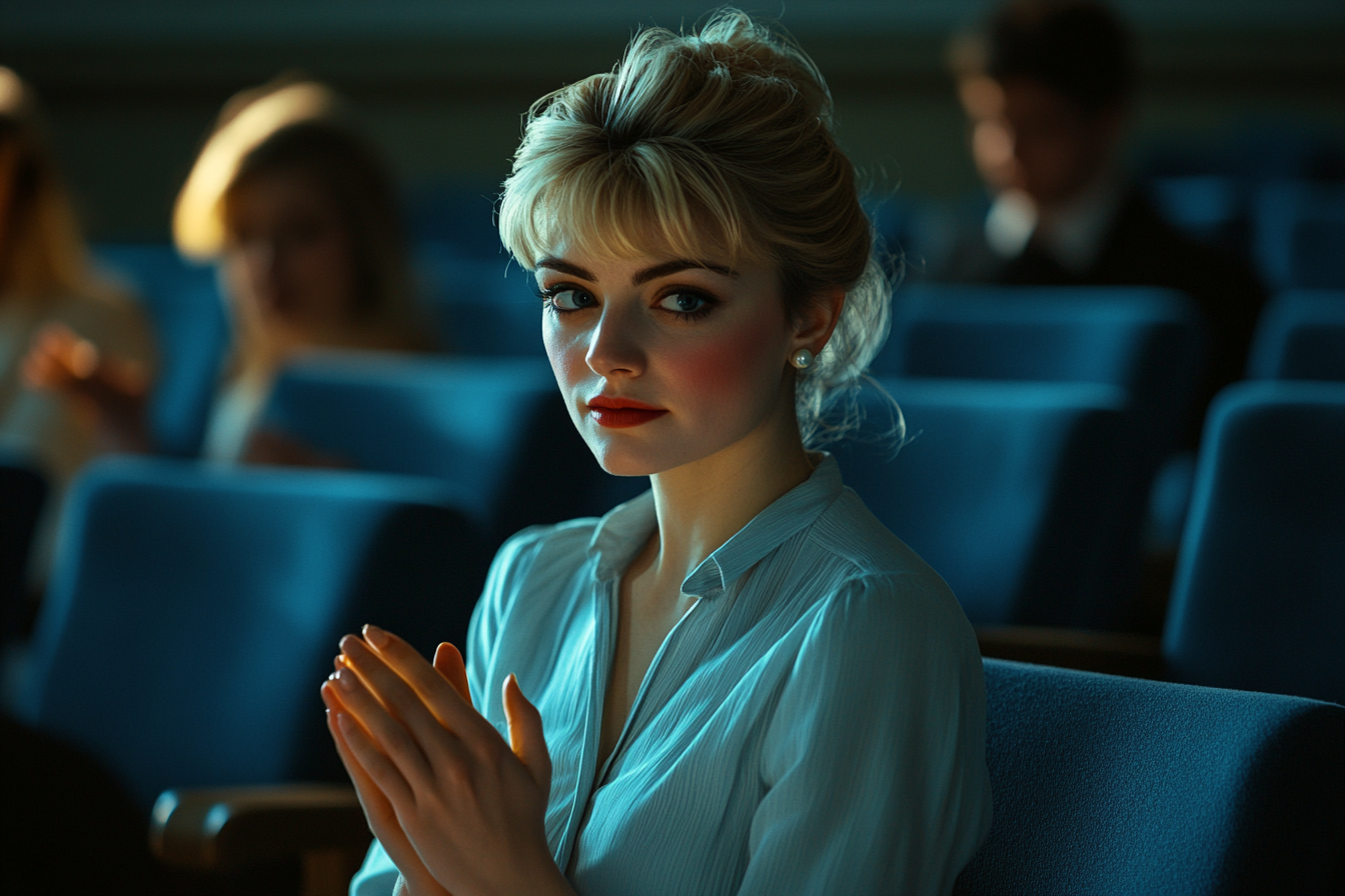 Una mujer aplaude en un auditorio, con aspecto triste | Fuente: Midjourney
