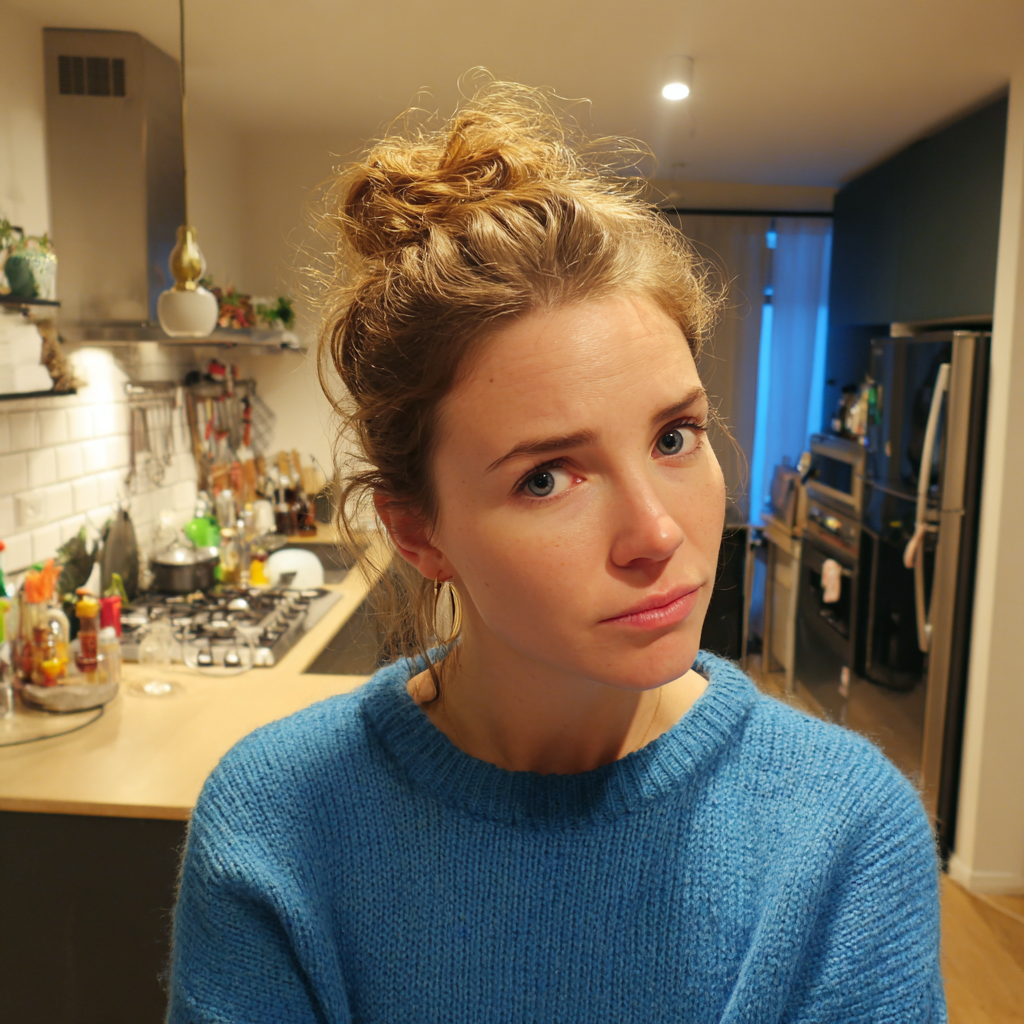Una mujer con un jersey azul y de pie en una cocina | Fuente: Midjourney