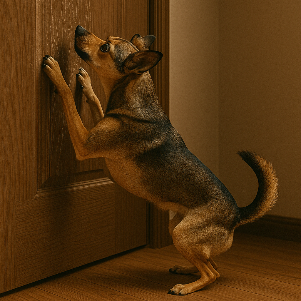 Un perro arañando una puerta | Fuente: DALL-E
