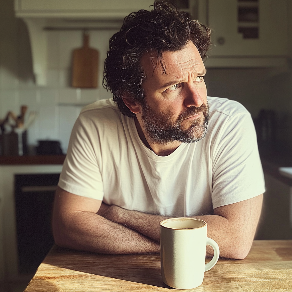 Un hombre sentado en la encimera de la cocina con una taza de café | Fuente: Midjourney